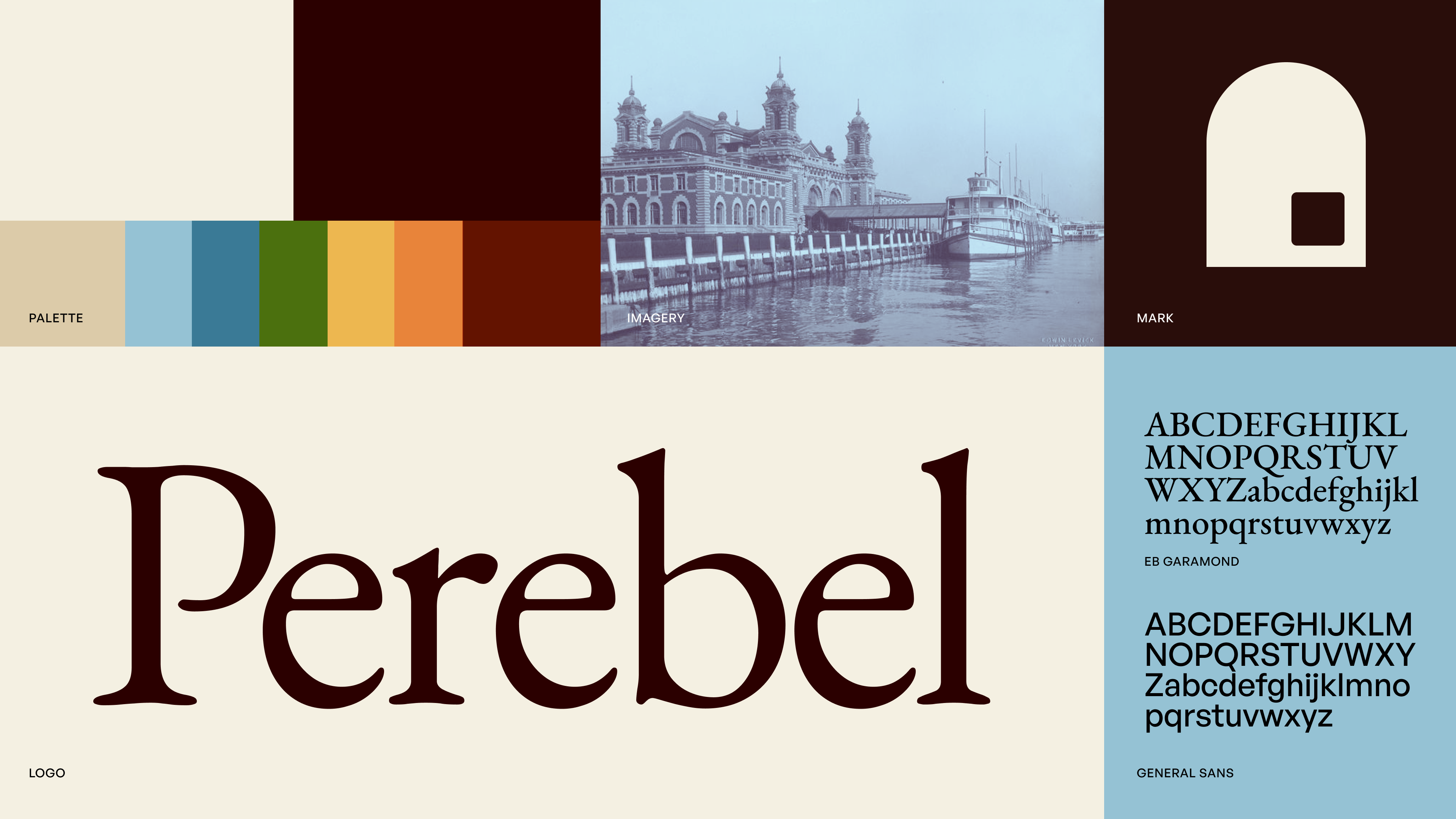 Perebel brand overview — palette, archival imagery, the arch mark, the wordmark, and the EB Garamond and General Sans type system